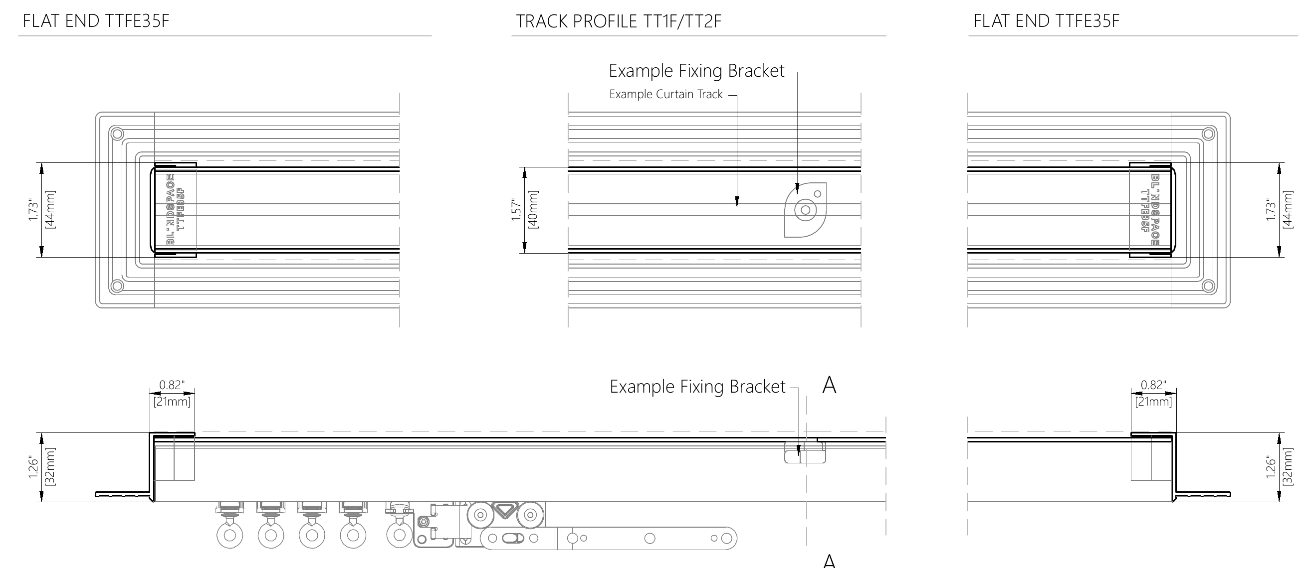 Plan and elevation of the TrackTrim with the curtain track and carriers